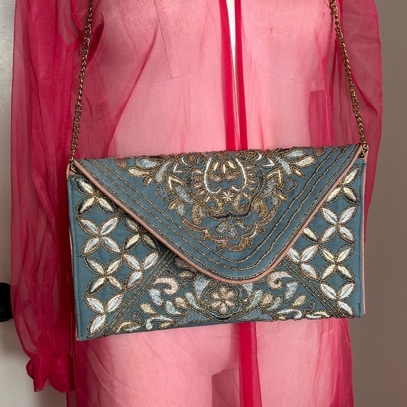 Beaded Floral Golden Clutch Purse with strap - Picture 2 of 12